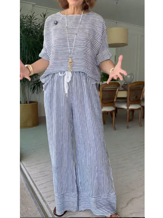 Women's Striped Cotton and Linen Shirt and Pats Set