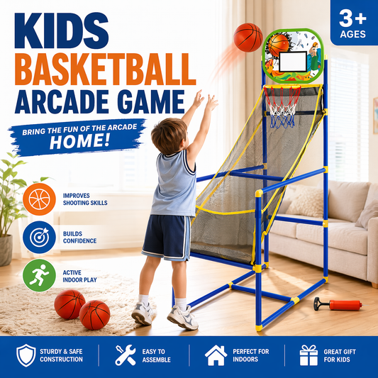 🏀🎯Kids‘ Indoor Basketball Arcade Game – Auto ball return, sturdy & safe. 4 balls + pump included. Quick setup, endless fun! 🧒💨