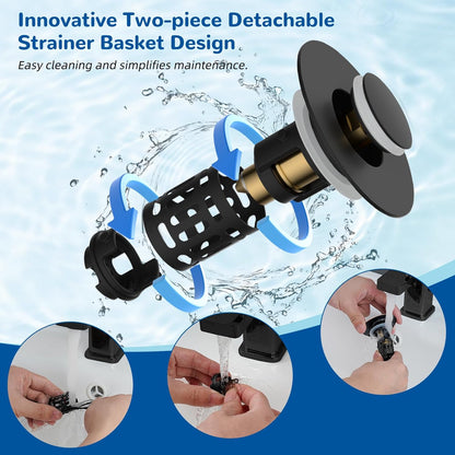 🔥50% OFF🔥 Hibbent Upgraded 3-in-1 Sink Drain Filter, Universal Pop-Up Stopper, Removable Stainless Steel Basket-Shaped Hair Catcher, Sink Stopper for 2.8–5.9 cm, Brass Cartridge, Matte Black