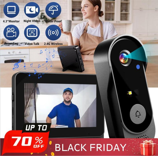 Wireless doorbell camera 🏠 | 1080P HD & 170° super wide angle 📹 | 4.3-inch screen 📱 | IPX65 waterproof 🌧️ | Clear night vision 🌙 – Always in view!
