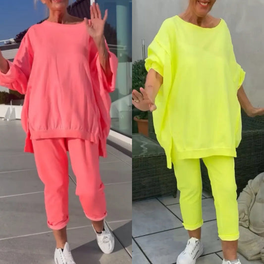 🏖️Hot Sale 49% discount💕 Round neck Split Fluorescent colour Casual suit for women