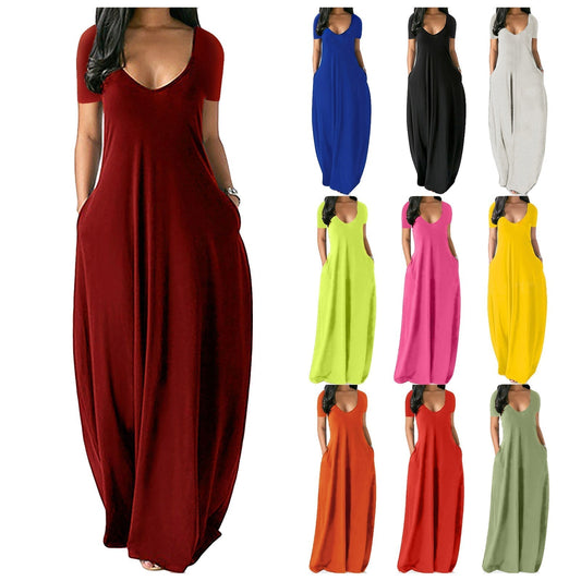 💃Summer Sale 50% OFF⏳Women's Round Neck Short Sleeve Casual Soft Fabric Long Dress