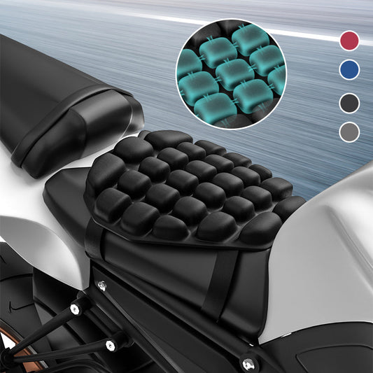 Pressure-reducing, shock-absorbing, breathable motorbike seat cushion