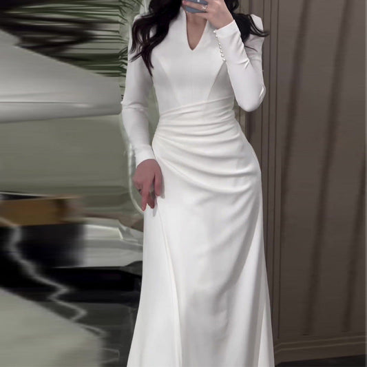 Women's Haute Couture Elegant Slim Long Sleeve Pleated Dress