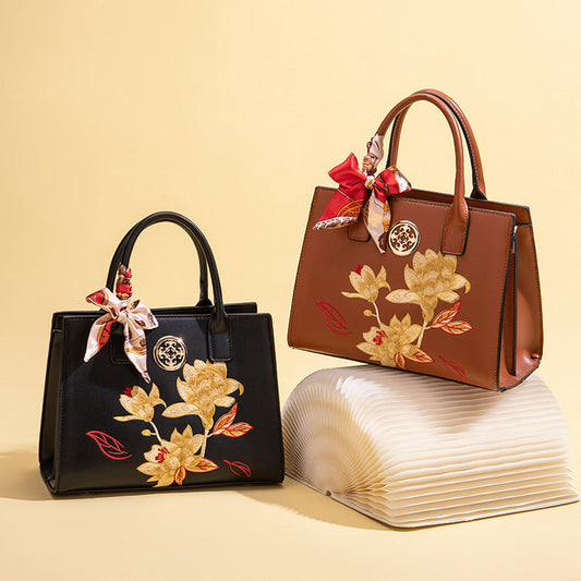 Women's Chic Lotus Embroidery Premium PU Tote Bag