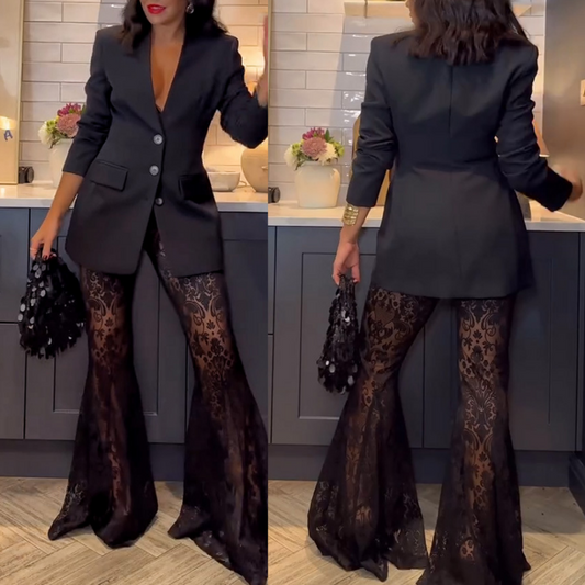 💖Limited Time Sale 58% OFF💖Stylish Blazer & See Through Flared Pants 2 PCS Set