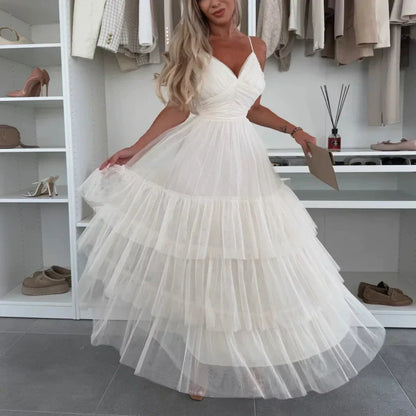 👗✨New Style Women’s Elegant Spaghetti Strap Tiered Tulle Maxi Dress🌷 Layered and Ethereal, A Fresh Summer Fashion Choice!