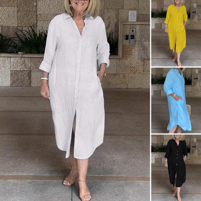 Women‘s Casual Loose Cotton Linen Long Shirt Dress