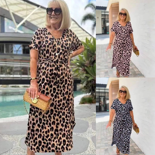 Women's Leopard V-Neck Long Dress with Belt