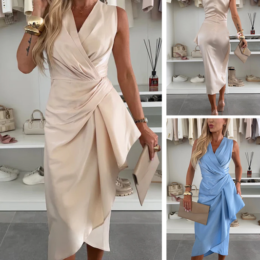 💥Big price reduction💥Satin V-Neck Ruched Midi Dress with Irregular Ruffle Hem