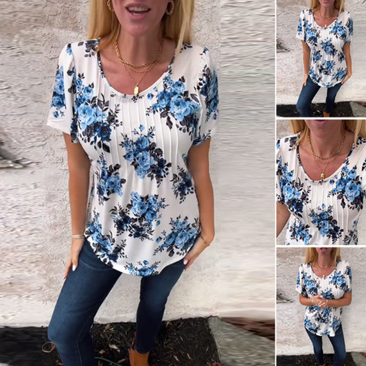 Women's Loose Round Neck Short Sleeve Floral Blouse