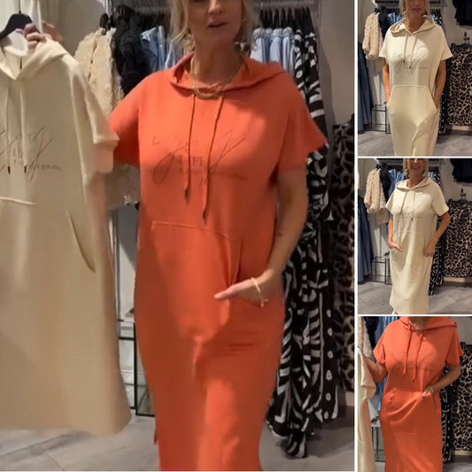 Women’s Solid Short-Sleeve Hooded Long Dress