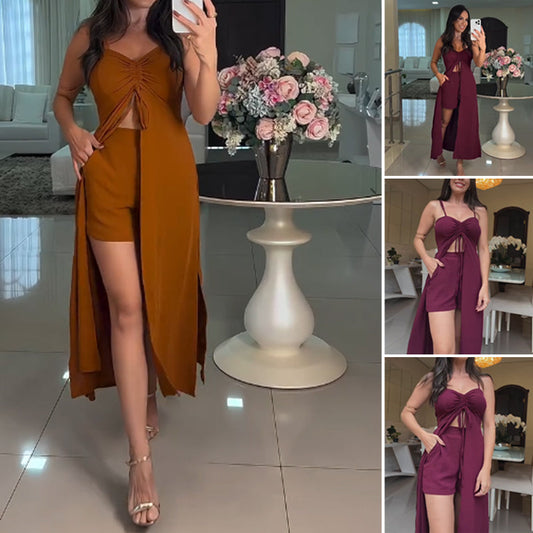 🔥2025 HOT SALE💃✨Women's Fashion Solid Color Spaghetti Straps Long Top & Shorts Two Piece Set