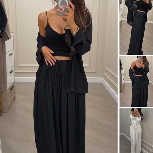 Women’s Solid Color Casual Camisole Vest Shirt Wide Leg Pants 3-Piece Set