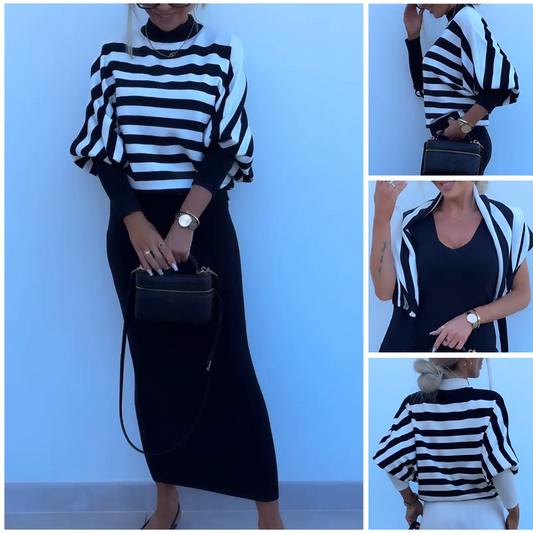 Striped Long-Sleeve Knit Top & Slim-Fit Dress 2-Piece Set