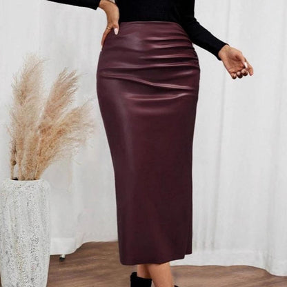Women’s Fitted Ruched Slit Faux Leather Skirt
