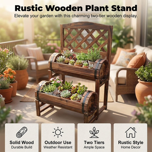 2-Tier Wooden Barrel Planter Stand with Trellis