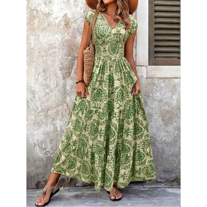 👗 New Arrival 50% OFF 🥳Women's V-Neck Floral Smocked Maxi Dress – Elegant, Bohemian, Lightweight 🦋