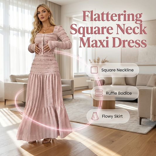 ✨ 50% OFF NOW! 👗 Square Neck Maxi Dress – Smocked Bodice, Ruffle Trim & Breathable Fabric 🌸