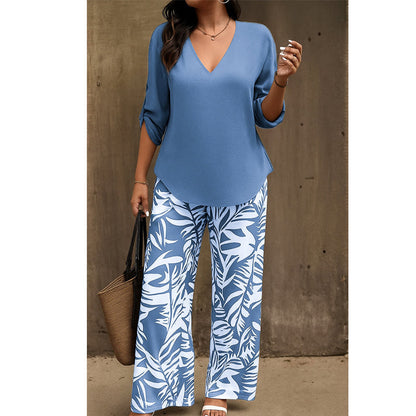 ❣️Summer Cool Deal: 49% OFF!🔥Women's V-Neck Blouse & Printed Wide-Leg Pants Set