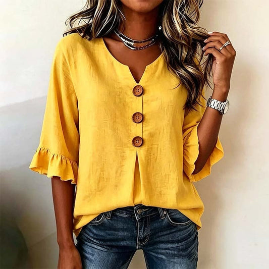 📢📢50% OFF !! ⏰ Women's V-Neck Ruffle Sleeve Blouse with Wooden Buttons – Bohemian, Flowy, Romantic 🍃