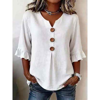 📢📢50% OFF !! ⏰ Women's V-Neck Ruffle Sleeve Blouse with Wooden Buttons – Bohemian, Flowy, Romantic 🍃