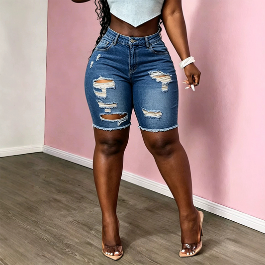 🩳 50% OFF NOW! 🏆 Women's Mid-Waist Ripped Denim Bermuda Shorts – Stretchy, distressed & raw hem – perfect for summer streetwear, casual outings or edgy chic 🌞