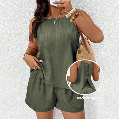 Women's Casual Two-Piece Set Sleeveless Back-Slit Top and Shorts