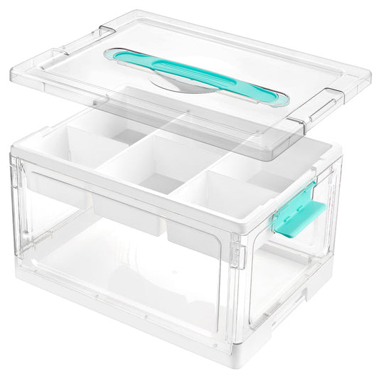📦 Stackable Clear Plastic Storage Bin with Latching Lid | 🔍 Transparent PET | 🗂️ Dual-Layer & Removable Dividers | 🔒 Secure Latches | 🏠 Space-Saving Organizer