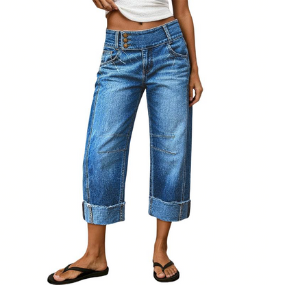 👖New Arrival💙Women Wide Leg Cropped Jeans Button High Waist Denim Pants
