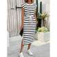 👗 Women's Striped Drawstring Waist Split Midi Dress – Adjustable Waist | Side Slit | Breathable Polyester | Crewneck Casual Summer Dress ✨