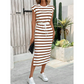 👗 Women's Striped Drawstring Waist Split Midi Dress – Adjustable Waist | Side Slit | Breathable Polyester | Crewneck Casual Summer Dress ✨