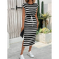 👗 Women's Striped Drawstring Waist Split Midi Dress – Adjustable Waist | Side Slit | Breathable Polyester | Crewneck Casual Summer Dress ✨