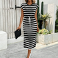 👗 Women's Striped Drawstring Waist Split Midi Dress – Adjustable Waist | Side Slit | Breathable Polyester | Crewneck Casual Summer Dress ✨