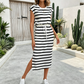👗 Women's Striped Drawstring Waist Split Midi Dress – Adjustable Waist | Side Slit | Breathable Polyester | Crewneck Casual Summer Dress ✨