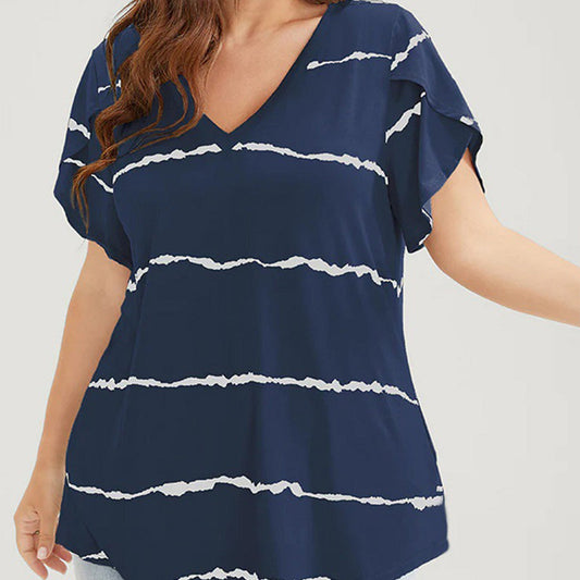 🏖️Summer Hot Sale 50% OFF🏝️👚Plus Size Striped Short Sleeves V-Neck T-Shirt✨