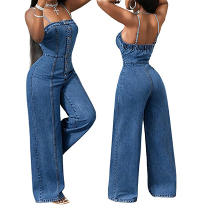 📢📢50% OFF !!⏰Women Spaghetti Strap Wide Leg Denim Jumpsuit