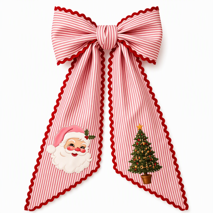 Vintage Santa Claus Printed Ribbon Bow for Christmas Wreath and Door Hanging Decoration Holiday Streamer Bowknot