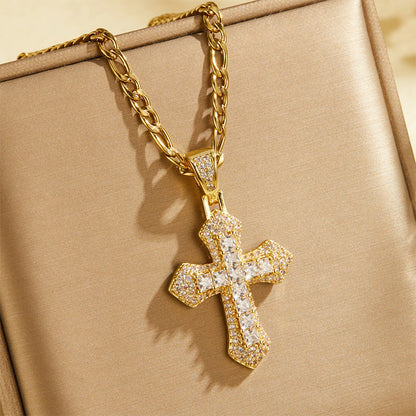 💎 50% OFF! ⛓️ Hip Hop Double-Layer Chain – Baguette rhinestone cross & Figaro links ✨