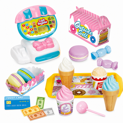 Kids Pretend Play Cash Register Toy Set with Play Food Cream Burgers and Supermarket Grocery Accessories Educational Toy