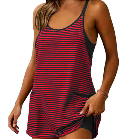 🚨Limited Time 50% Off Striped Tankini Dress with Pockets, High Waist Conservative Swimwear1