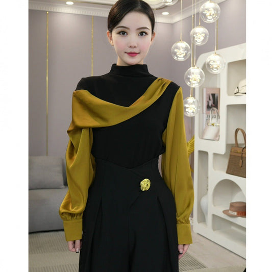 [Women’s Gift] Splicing Half High Neck Long Sleeve Top