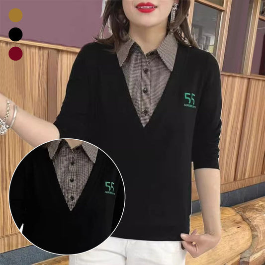 🔥✨HOT SALE24.99🔥🎅Best Gift For Her - Fashion Black And White Plaid Collar Fake Two Pieces Long Sleeve T-Shirt(40%OFF)