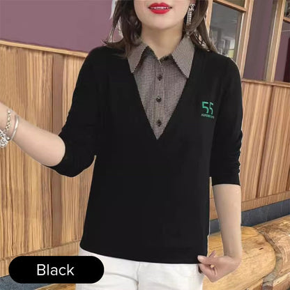 🔥✨HOT SALE24.99🔥🎅Best Gift For Her - Fashion Black And White Plaid Collar Fake Two Pieces Long Sleeve T-Shirt(40%OFF)