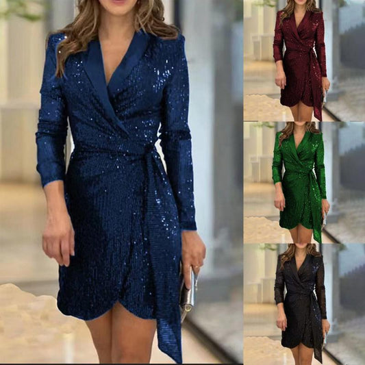 🔥🎅Christmas Sale 50% OFF✨🎁[Best Gift for Her] Fashion Sexy Sequined Solid Color Waisted Dress for Lady