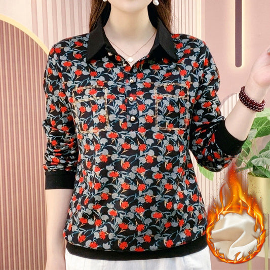 Gift Choice - Women's Lapel Thickened Long Sleeve Comfort Flower Top