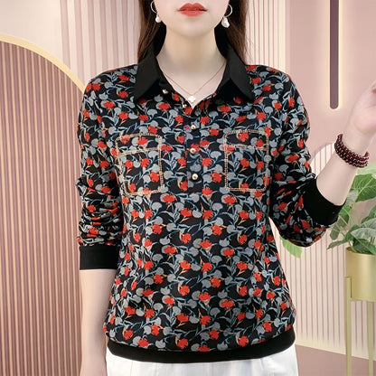 Gift Choice - Women's Lapel Thickened Long Sleeve Comfort Flower Top