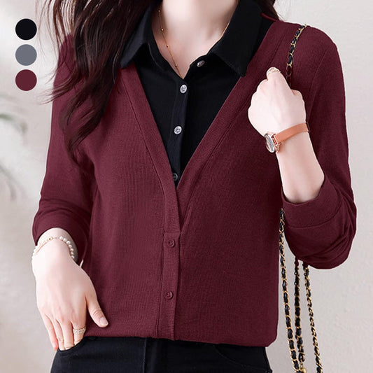 💝Two Free Shipping🔥- Women's Lapel Cozy Fake Two Piece Set Long Sleeve Top