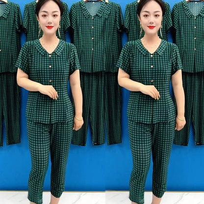 💐Women's Cooling Plaid Top & Pants 2-Piece Set（50% OFF）